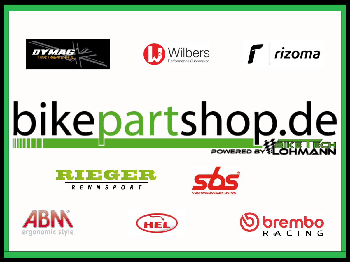 Markenübersicht von bikepartshop.de mit Logos von Rizoma, Brembo, Wilbers, DYMAG, SBS, ABM, HEL Performance und Rieger Rennsport – Premium Zubehör für dein Motorrad