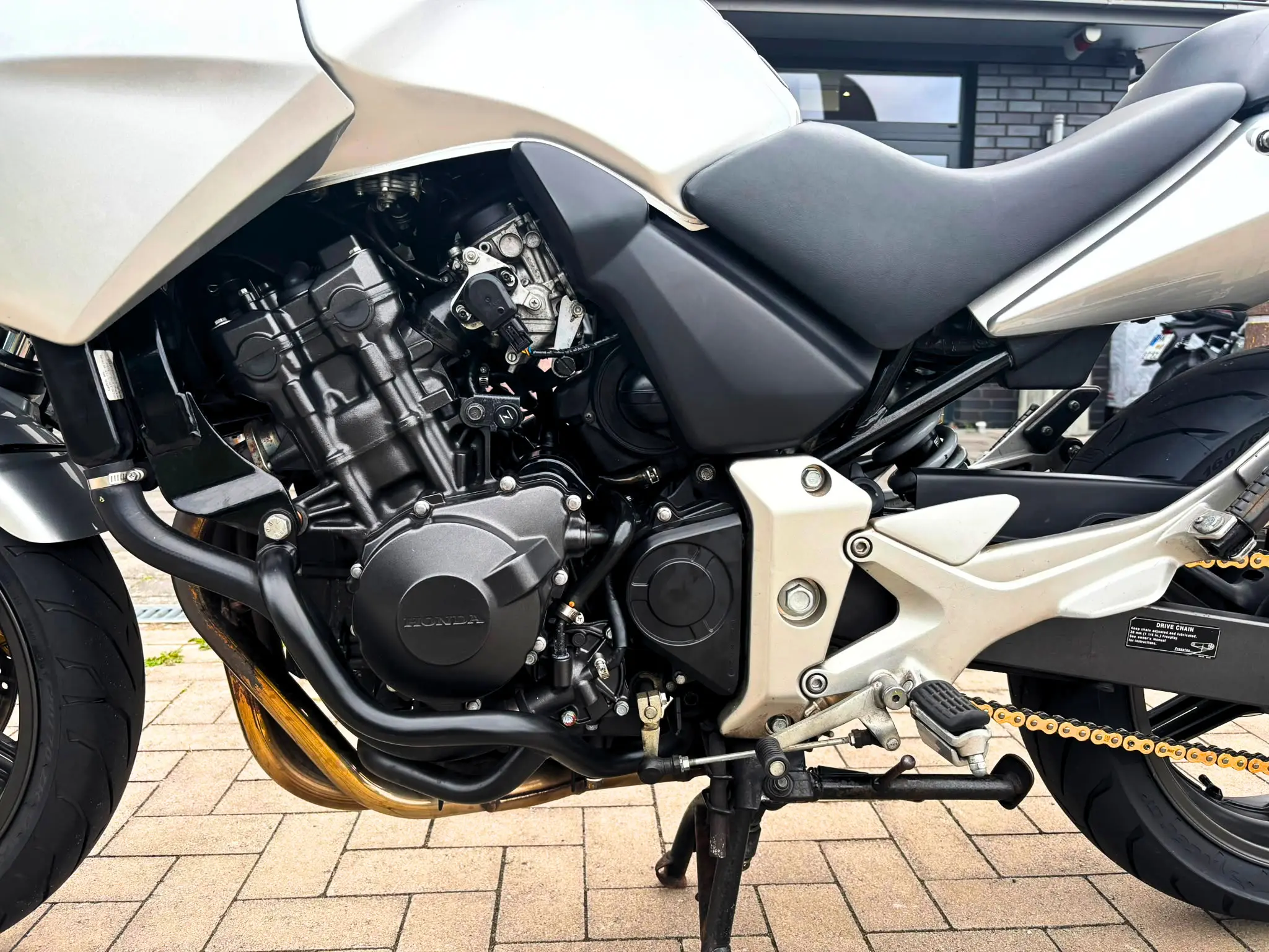 Linke Motorseite einer Honda CBF 600 SA ABS nach Wartung in der Motorradwerkstatt BikeTech Lohmann.