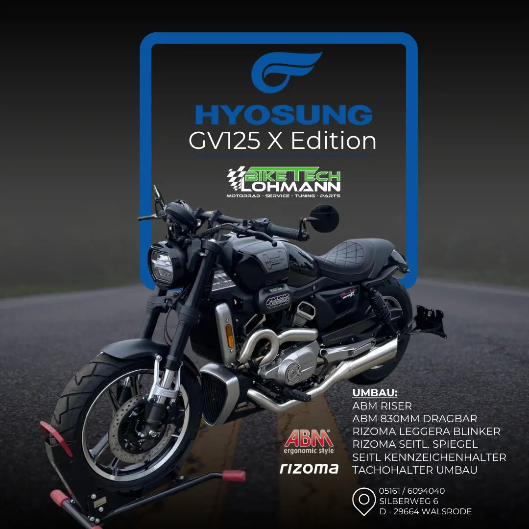 Hyosung GV 125 X Custom Umbau Motorrad bei BikeTech Lohmann in Walsrode mit Zubehörteilen