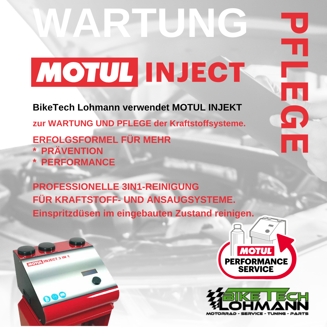 MOTUL INJECT 3-in-1 – Kraftstoff- & Ansaugsystem-Reinigung | BikeTech Lohmann MOTUL INJECT 3-in-1 bei BikeTech Lohmann: Wartung & Pflege von Kraftstoff- und Ansaugsystemen, Einspritzdüsen-Reinigung im eingebauten Zustand; Gerät und MOTUL/BTL-Logo sichtbar.