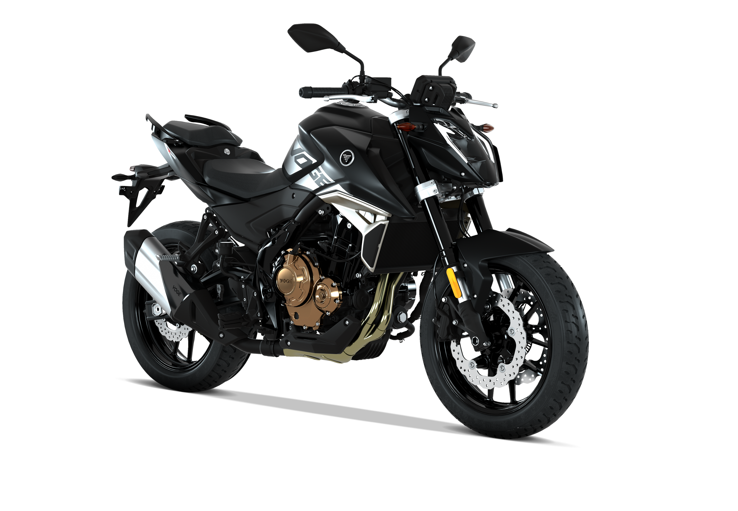 voge-r625-625r-matt-schwarz-seitenansicht-front.jpg" alt="VOGE R625 / 625R in matt schwarz – halbseitige Frontansicht rechts mit sportlichem Naked-Bike-Design