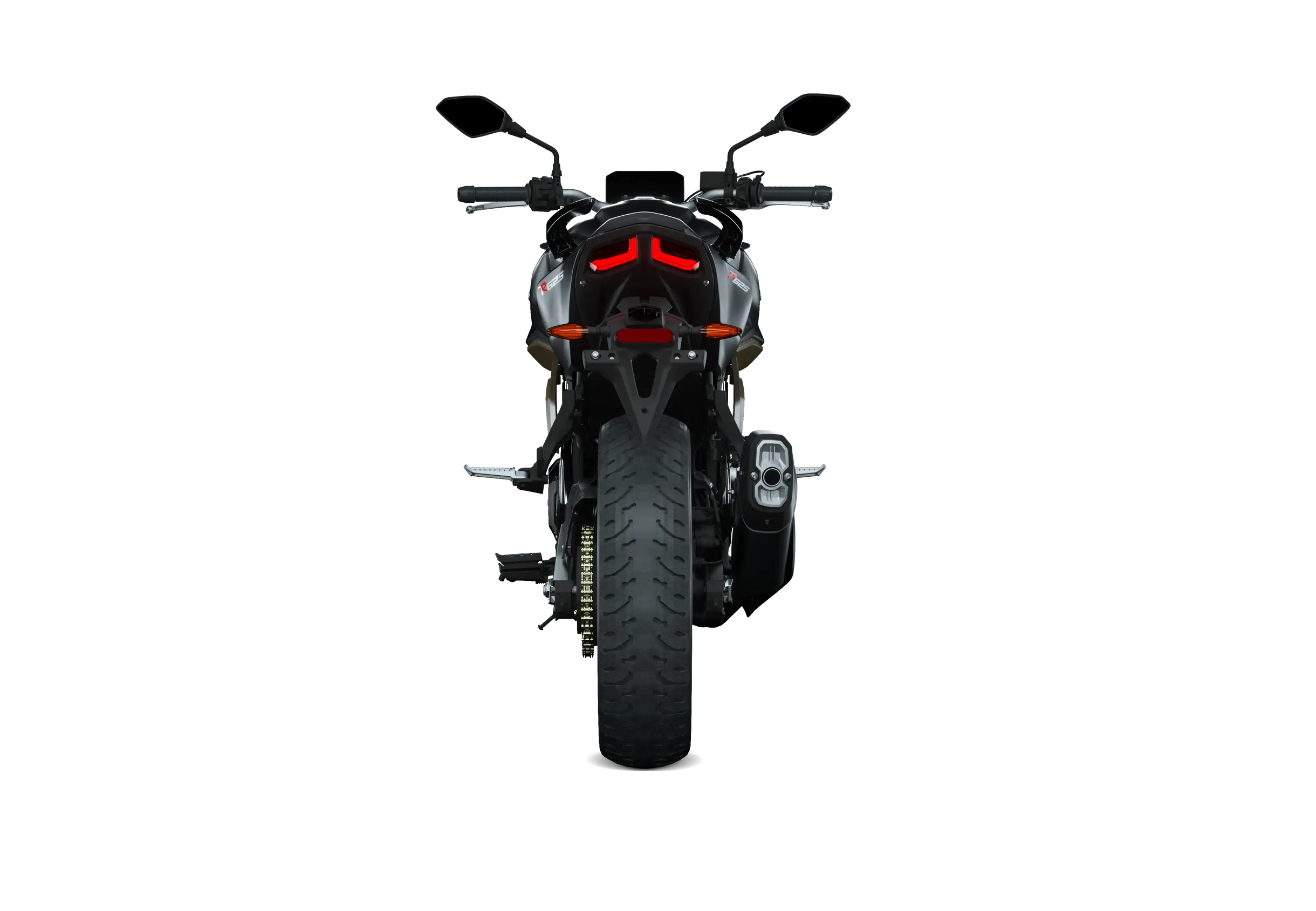 VOGE R625 / 625R in matt schwarz – Heckansicht mit LED-Rücklicht, Kennzeichenhalter und rechtsseitigem Auspuff