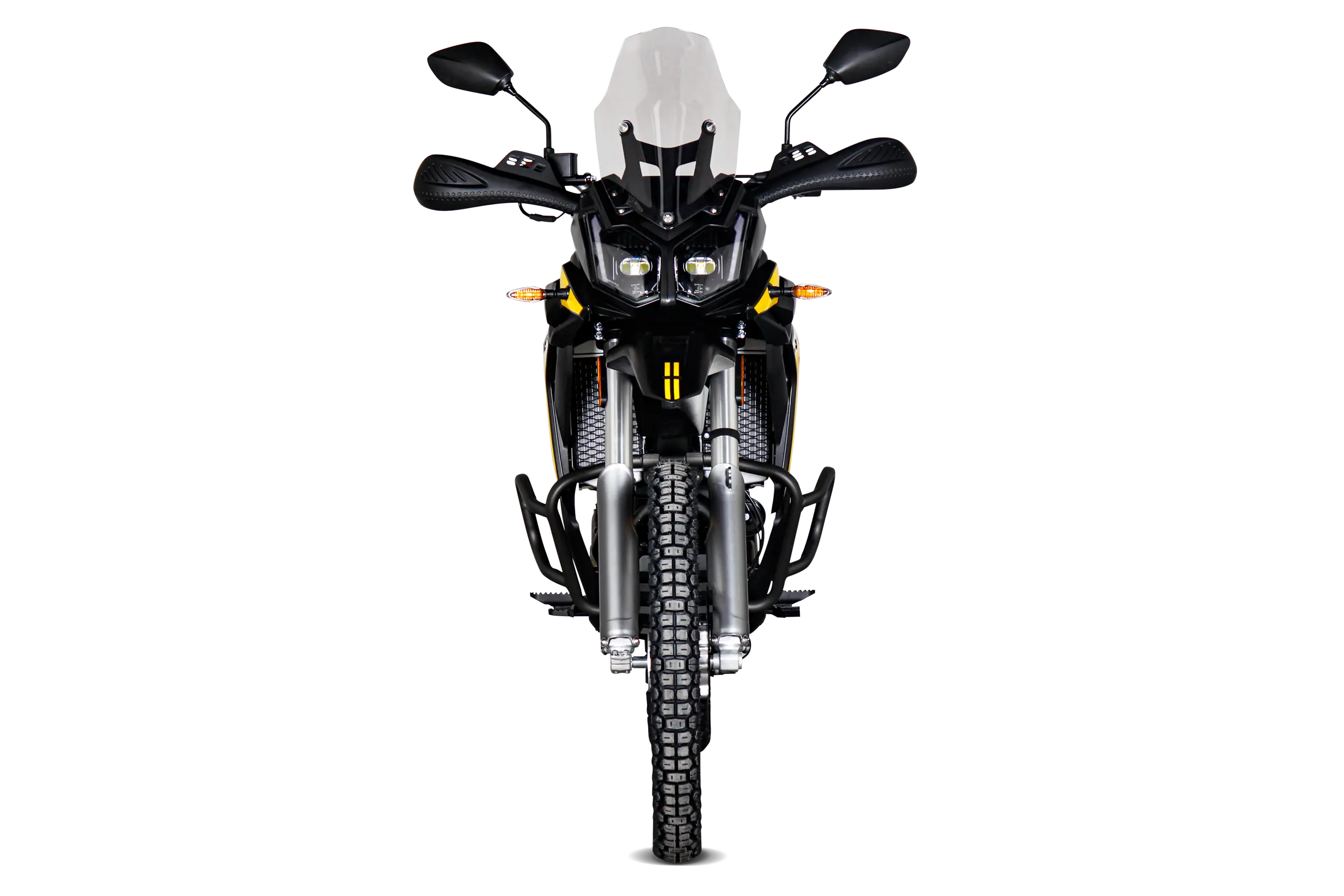 Frontansicht der VOGE 300 Rally in Schwarz-Gold mit LED-Doppelscheinwerfern, Windschild und Enduro-Offroad-Design.